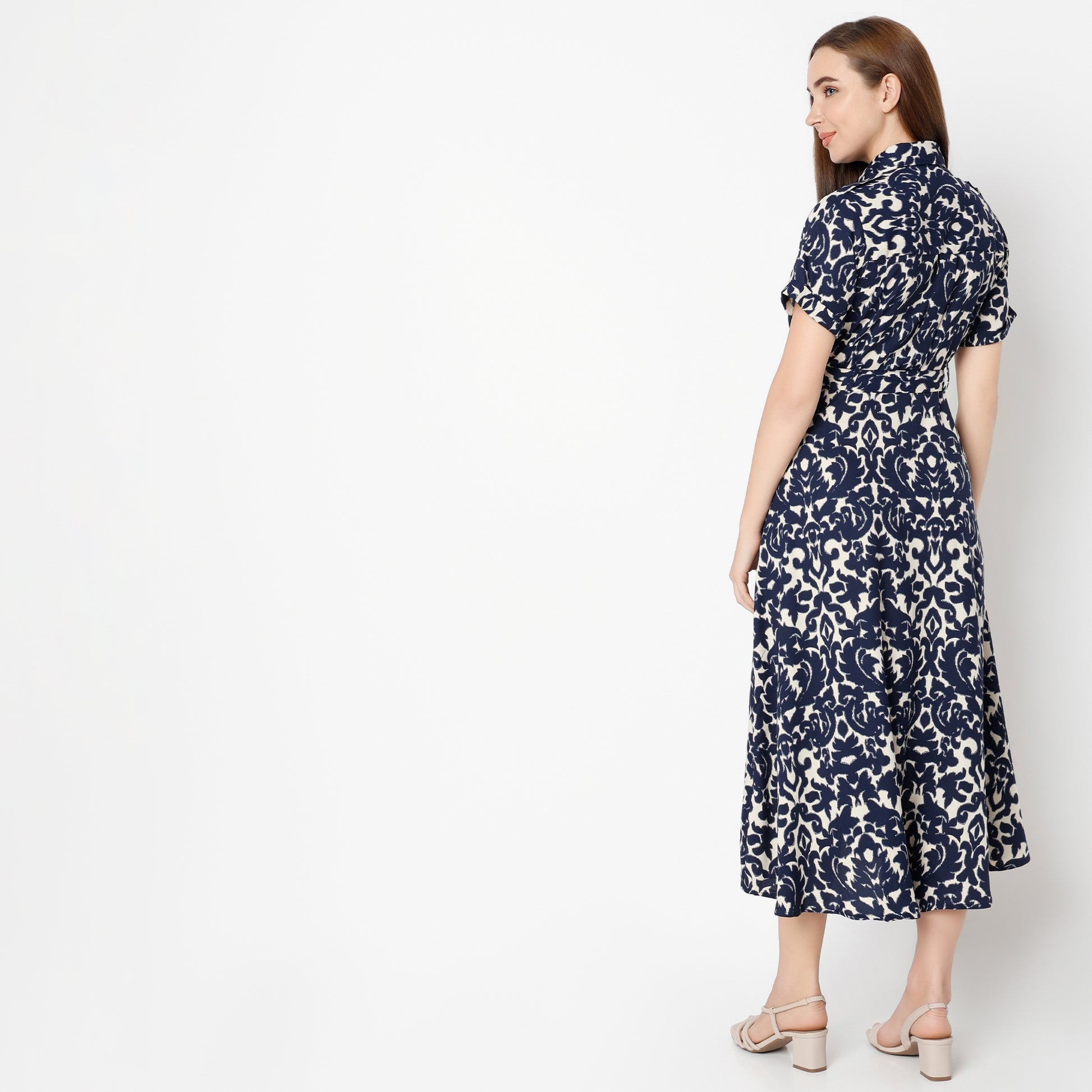 Printed Calf Length Shirt Collar Luxe Short Sleeve Dress