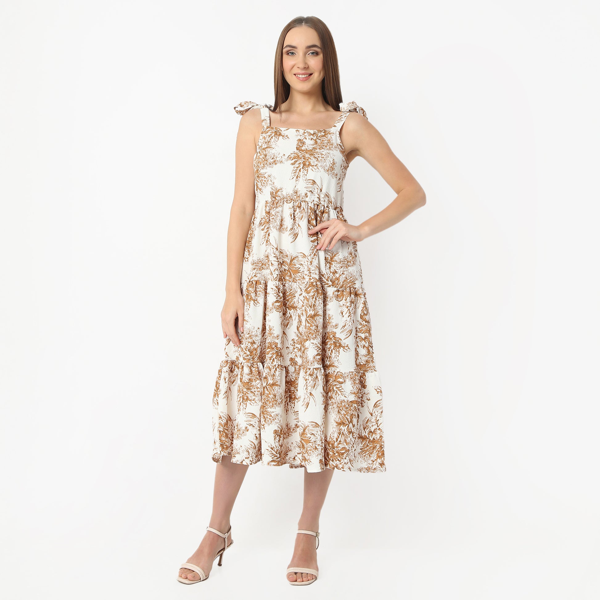 Regular Fit Printed Square Neck Calf Length Dress