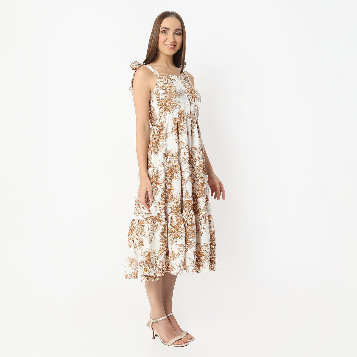 Regular Fit Printed Square Neck Calf Length Dress