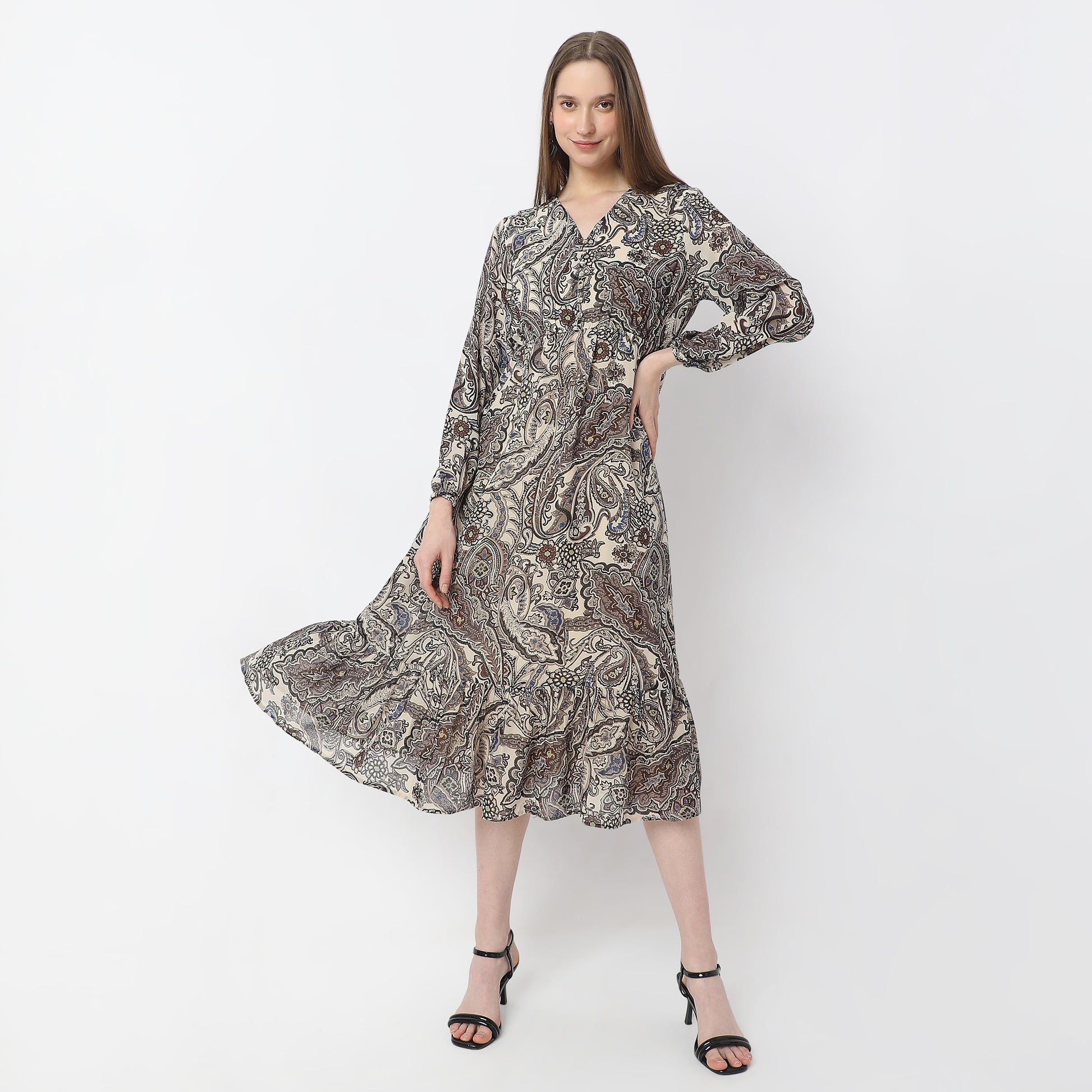 Printed Below Knee V-Neck Full sleeve Dress