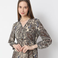 Printed Below Knee V-Neck Full sleeve Dress