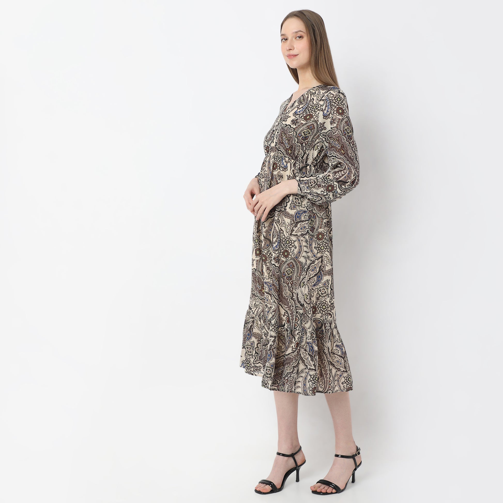 Printed Below Knee V-Neck Full sleeve Dress