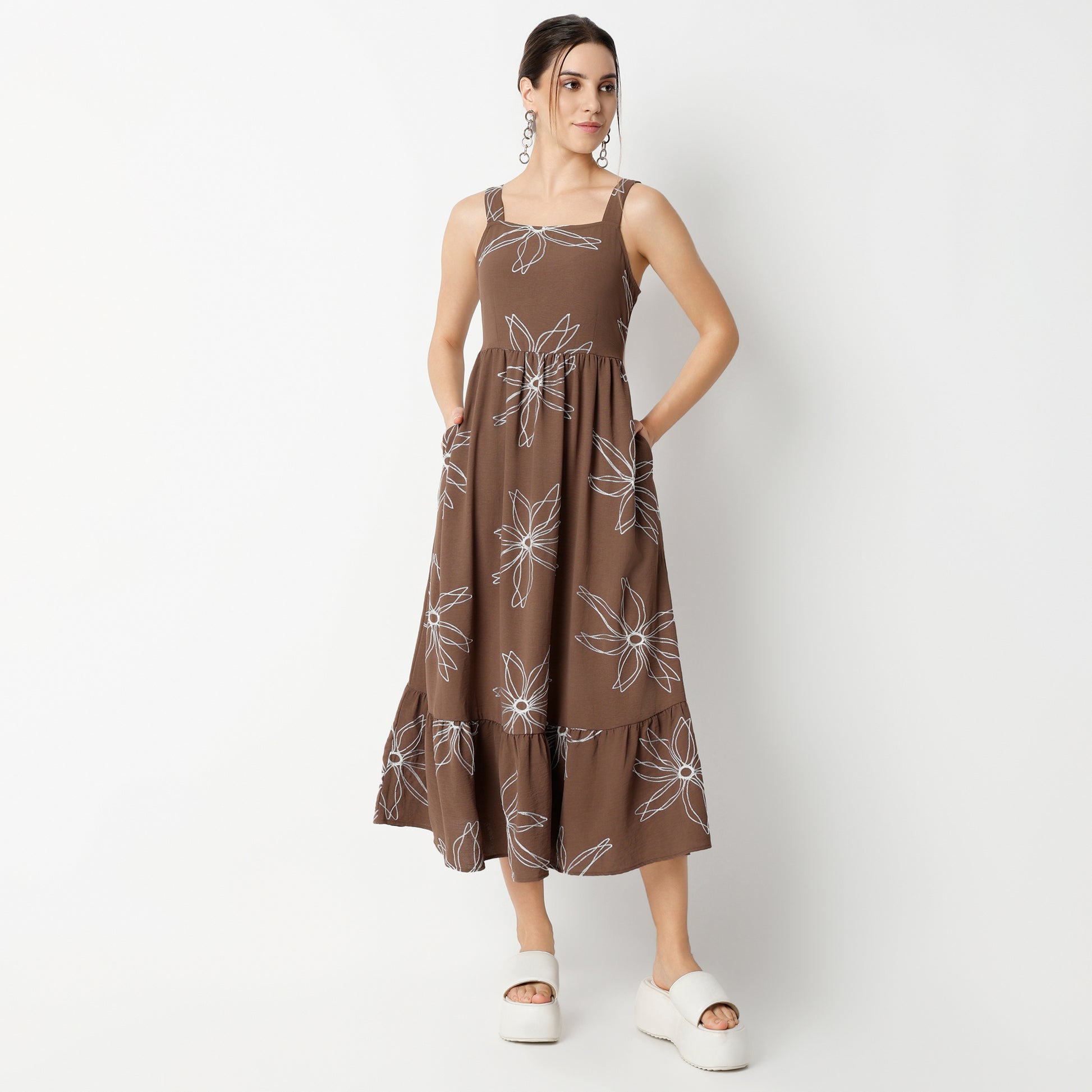 Flare Fit Embroidered Calf Length Dress
