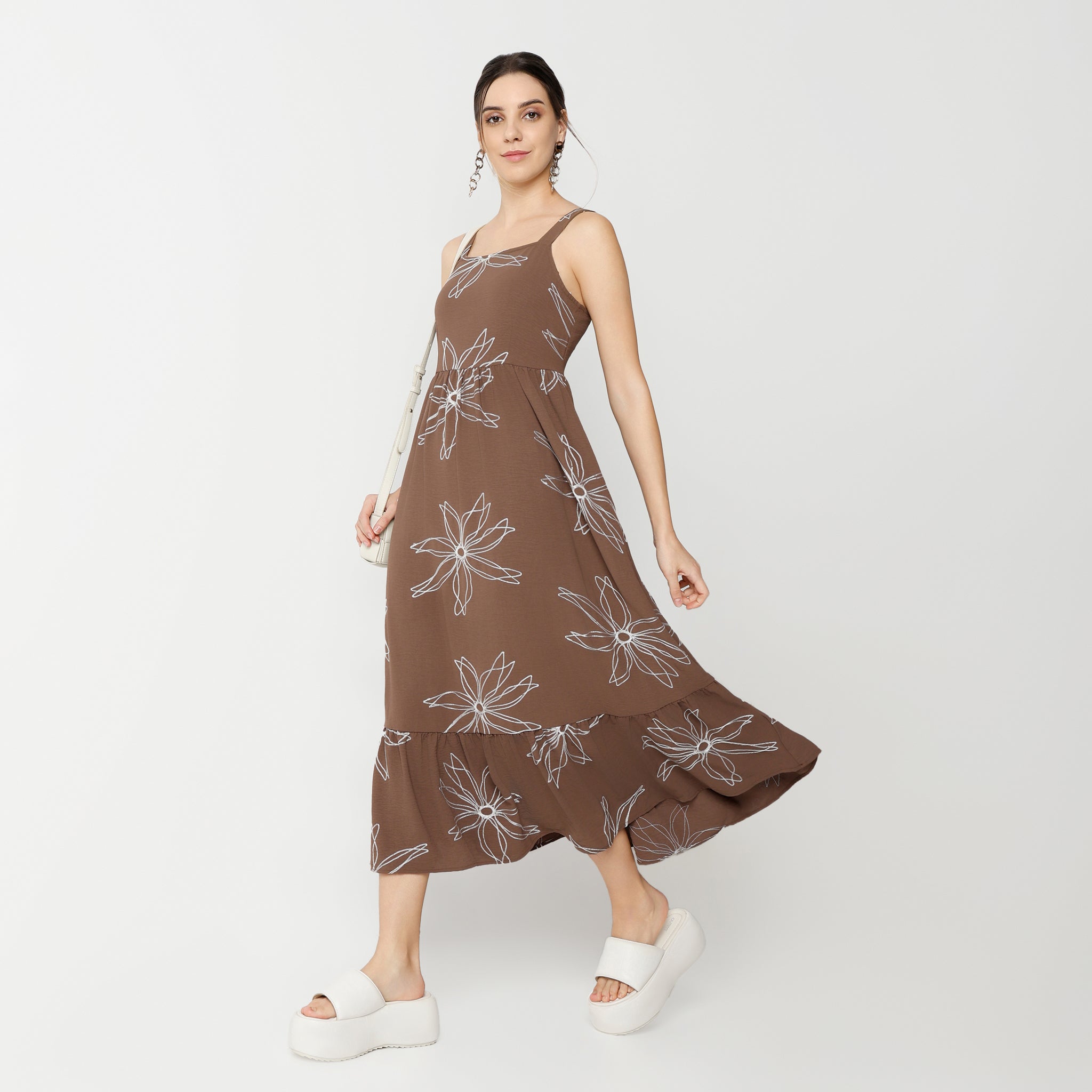 Flare Fit Embroidered Calf Length Dress