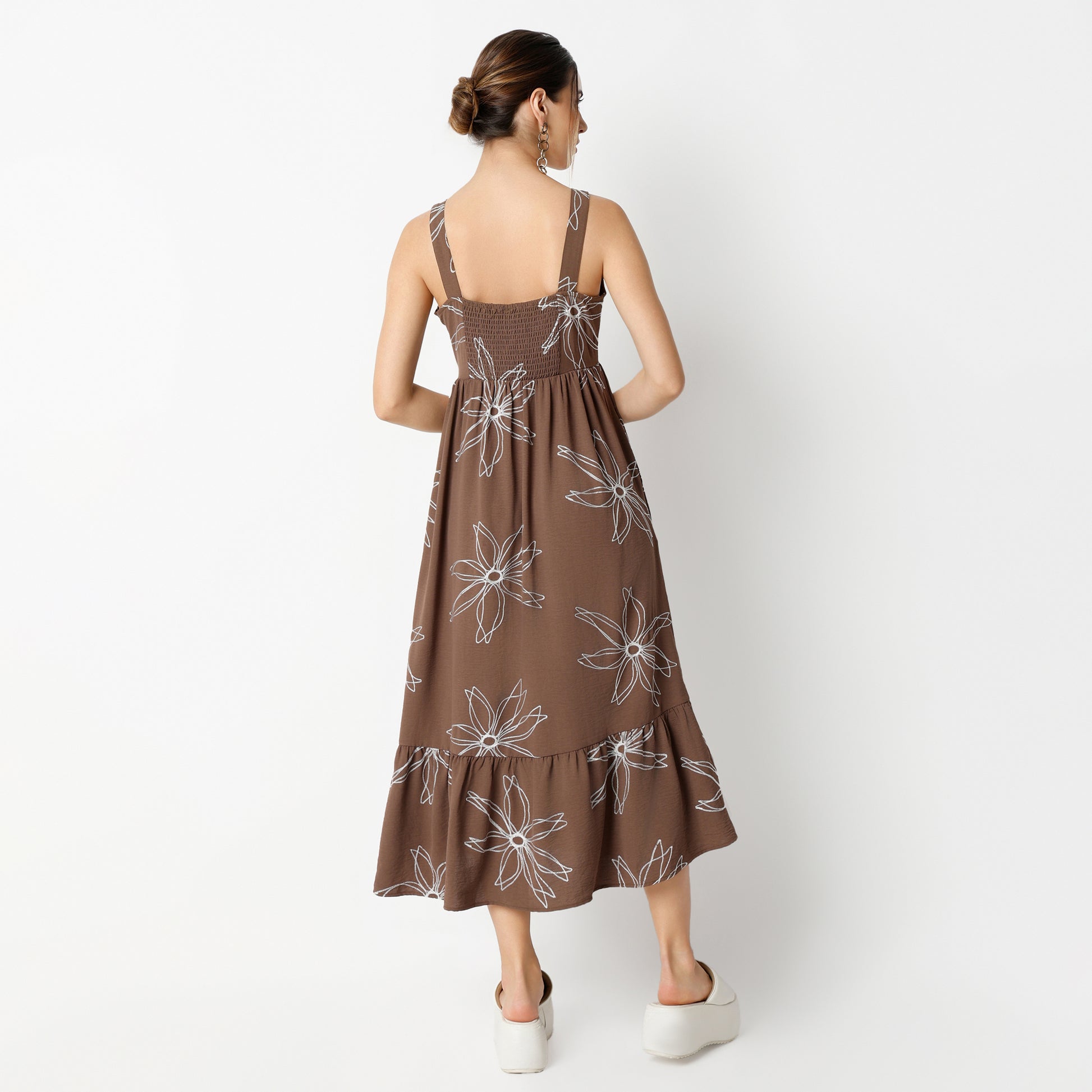 Flare Fit Embroidered Calf Length Dress
