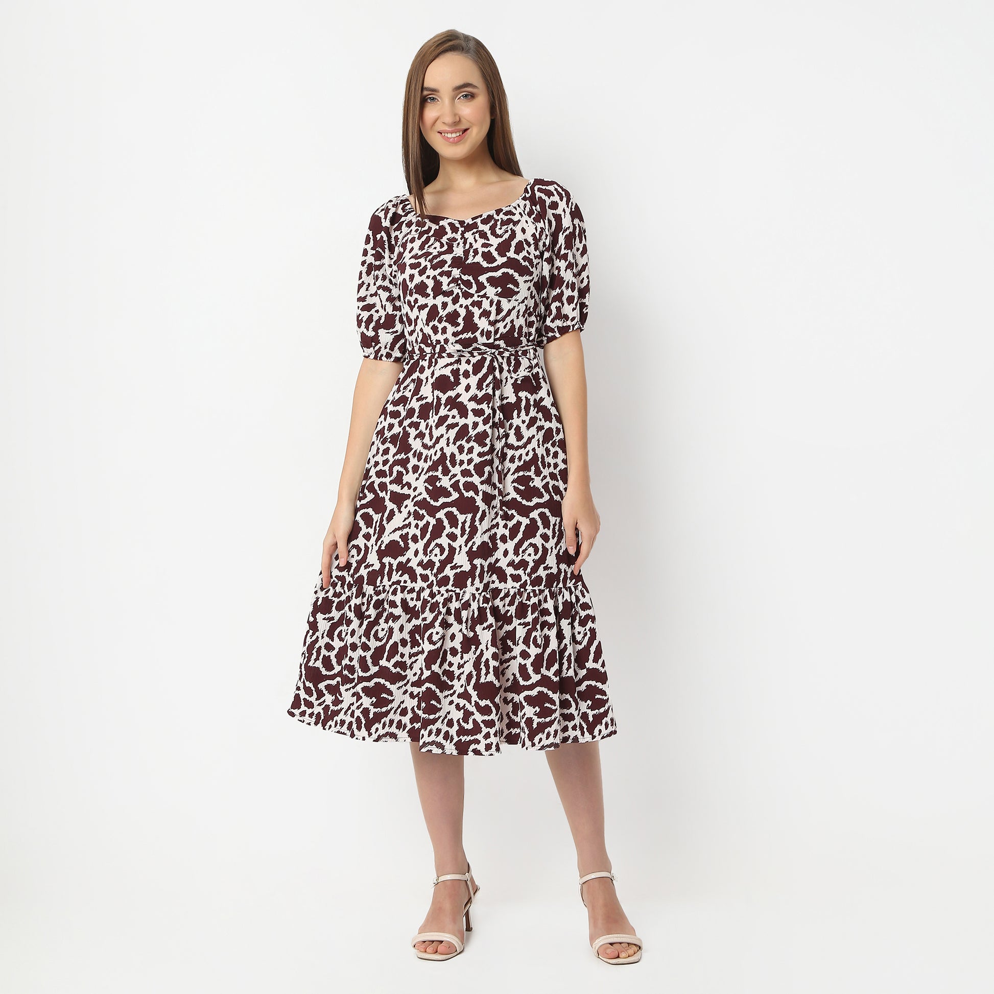 Flare Fit Floral Square Neck Calf Length Dress