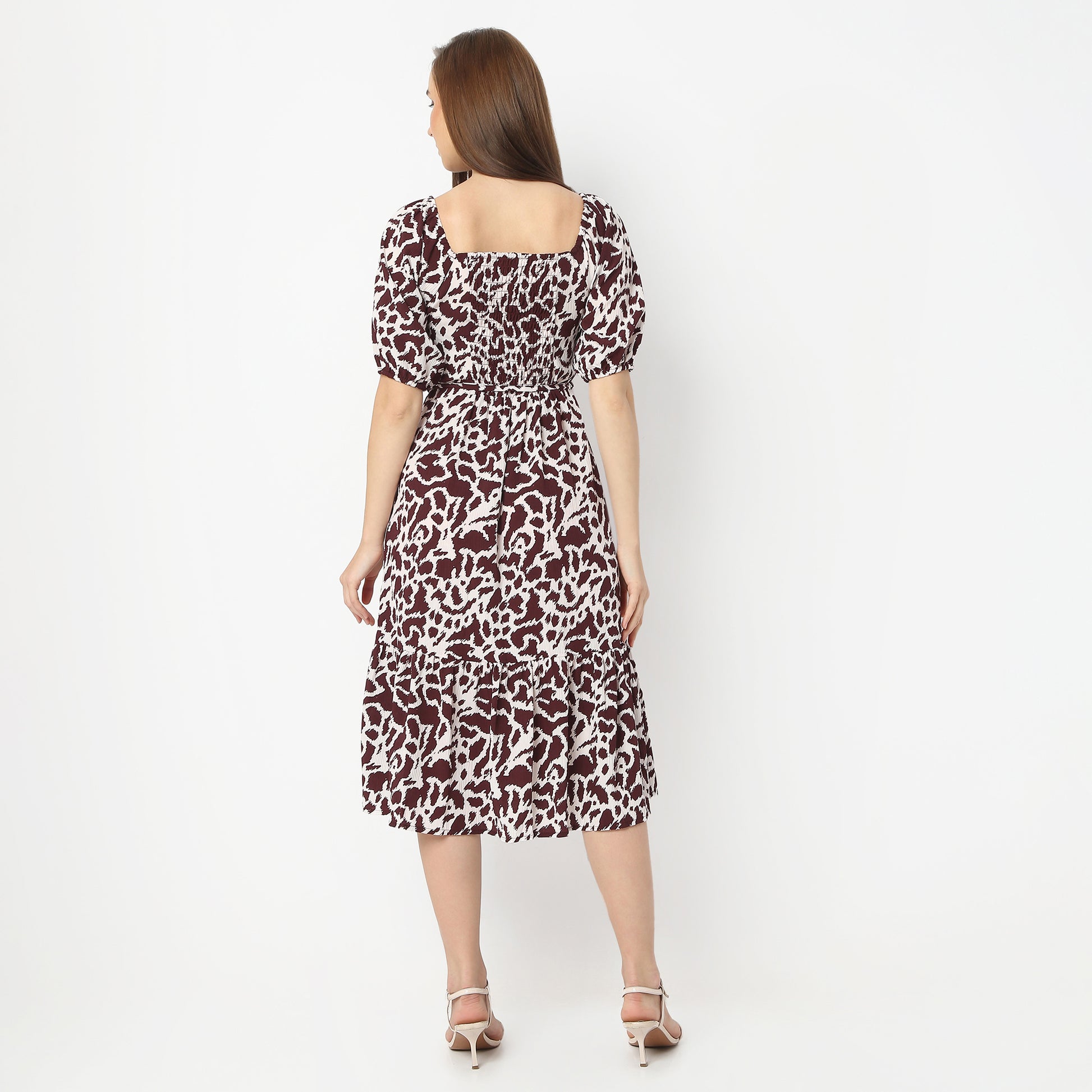 Flare Fit Floral Square Neck Calf Length Dress