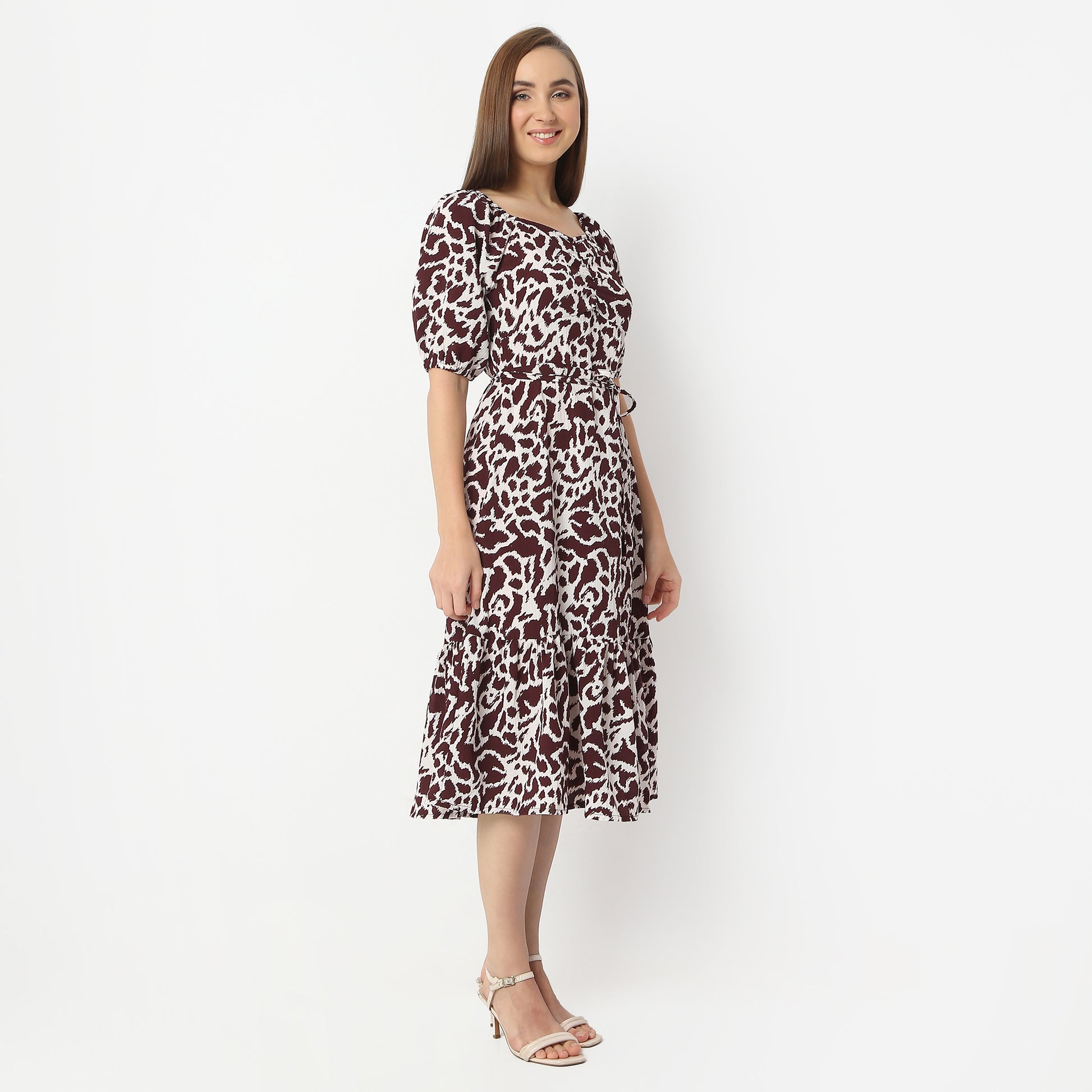 Flare Fit Floral Square Neck Calf Length Dress