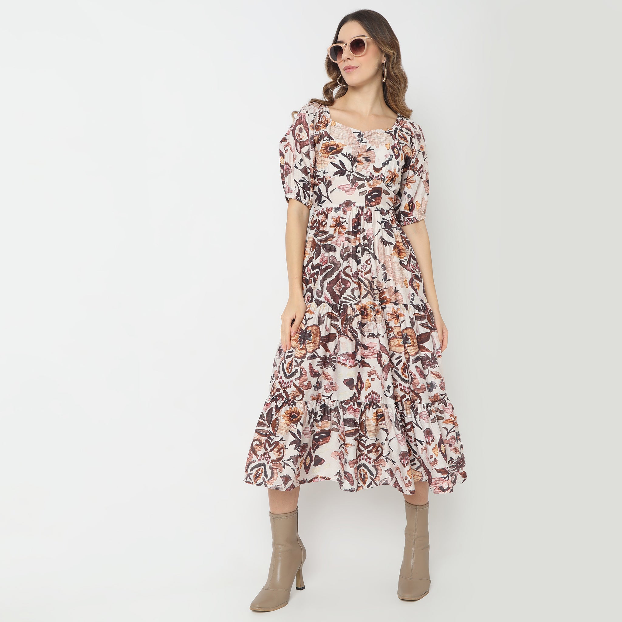 Regular Fit Printed Sweatheart Neck Dress