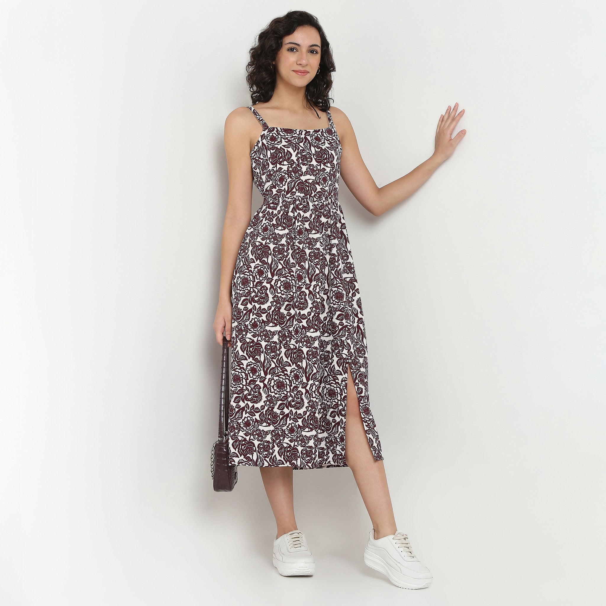 Printed Polyester Dress, Below Knee Length