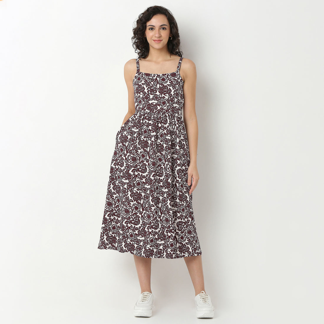 Printed Polyester Dress, Below Knee Length