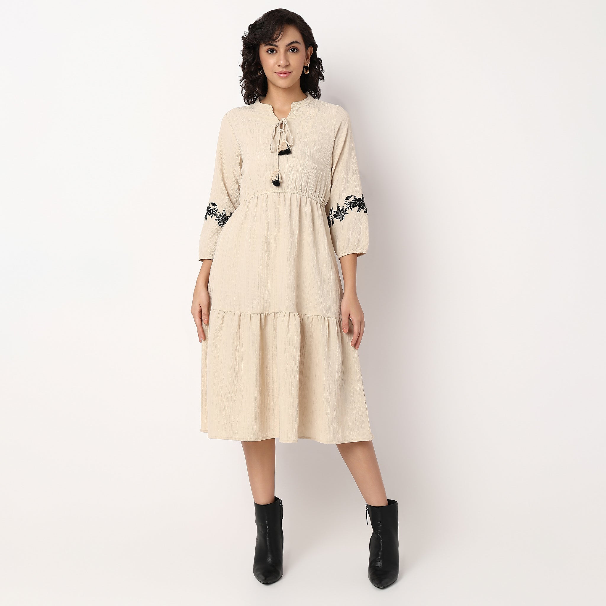 Woven Solid Mandarin Collar Tiered Dress