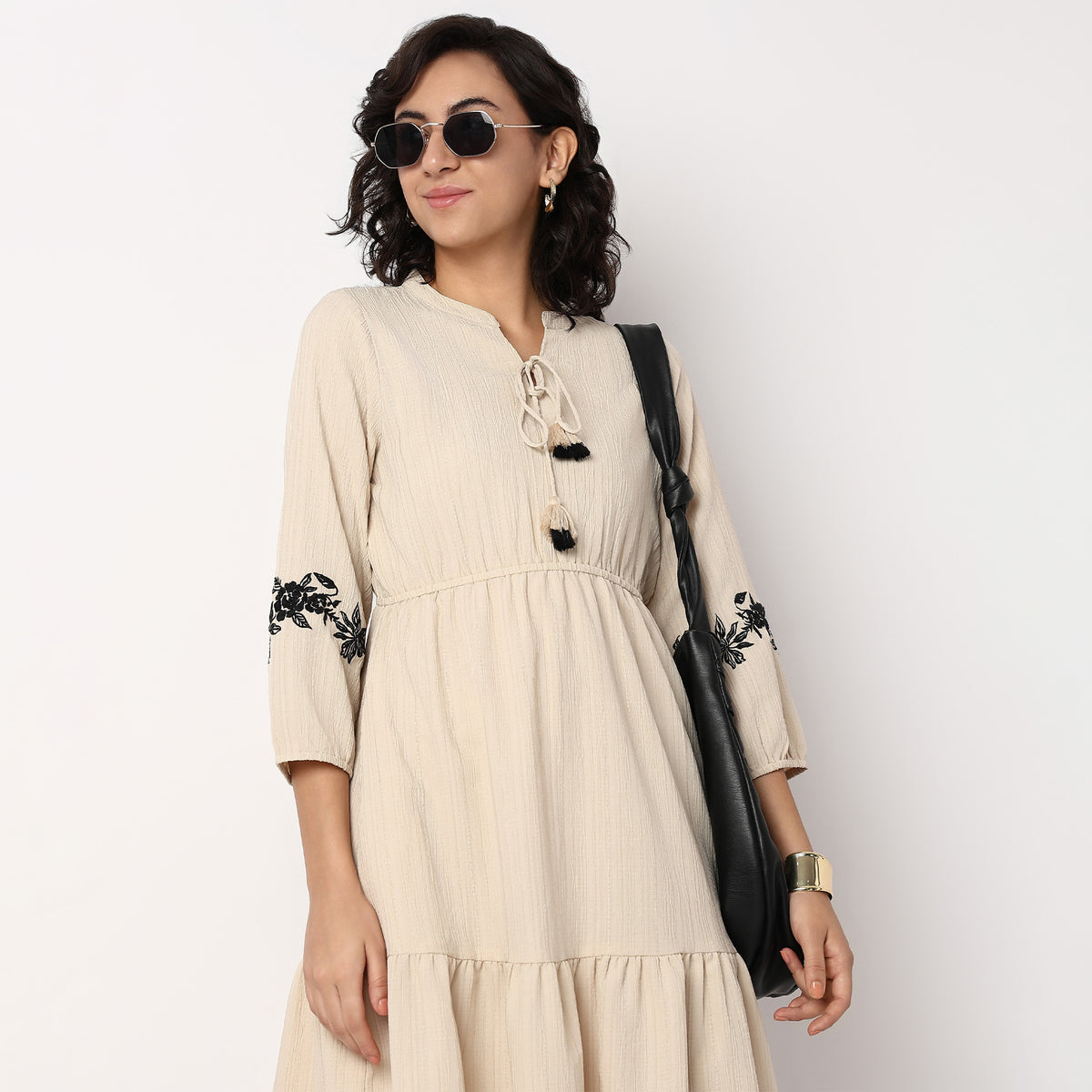 Woven Solid Mandarin Collar Tiered Dress