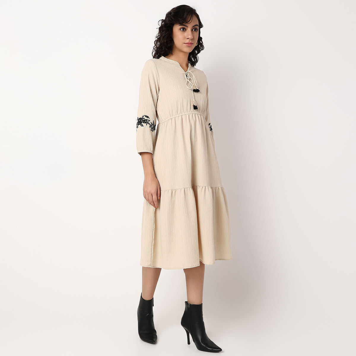 Woven Solid Mandarin Collar Tiered Dress