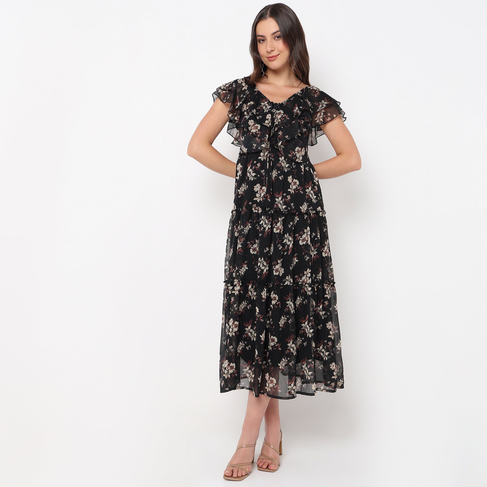 Flare Fit Floral Print V-Neck Dress