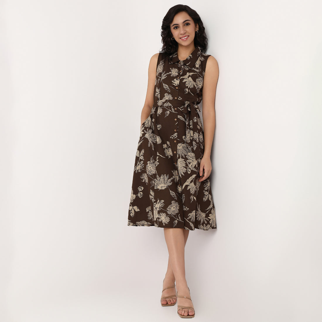 Knee Length Isabella Sleeveless Flared Shirt Dress With Tie Up Belt