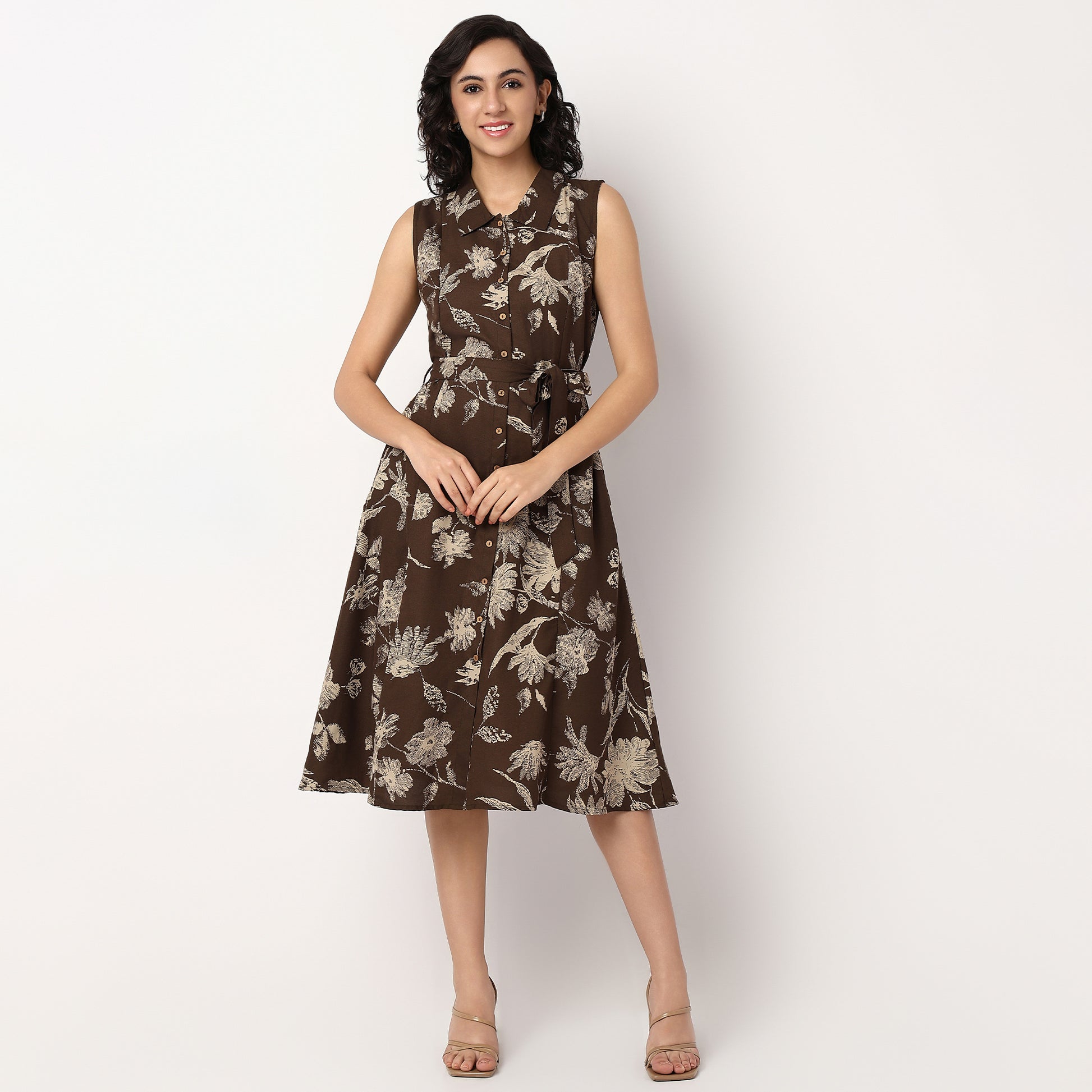 Knee Length Isabella Sleeveless Flared Shirt Dress With Tie Up Belt