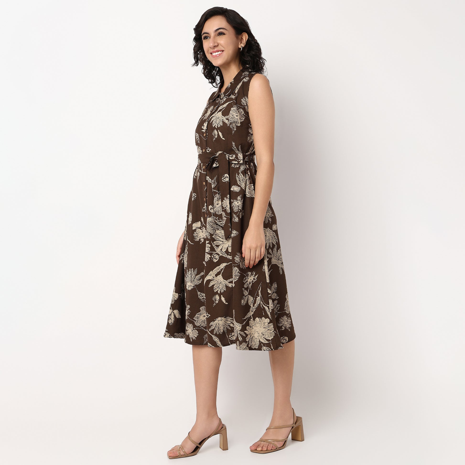 Knee Length Isabella Sleeveless Flared Shirt Dress With Tie Up Belt