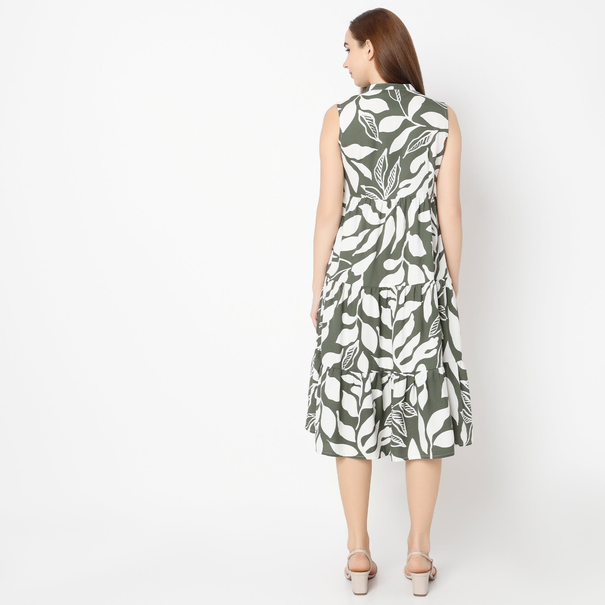 Flare Fit Floral Band Neck Dress