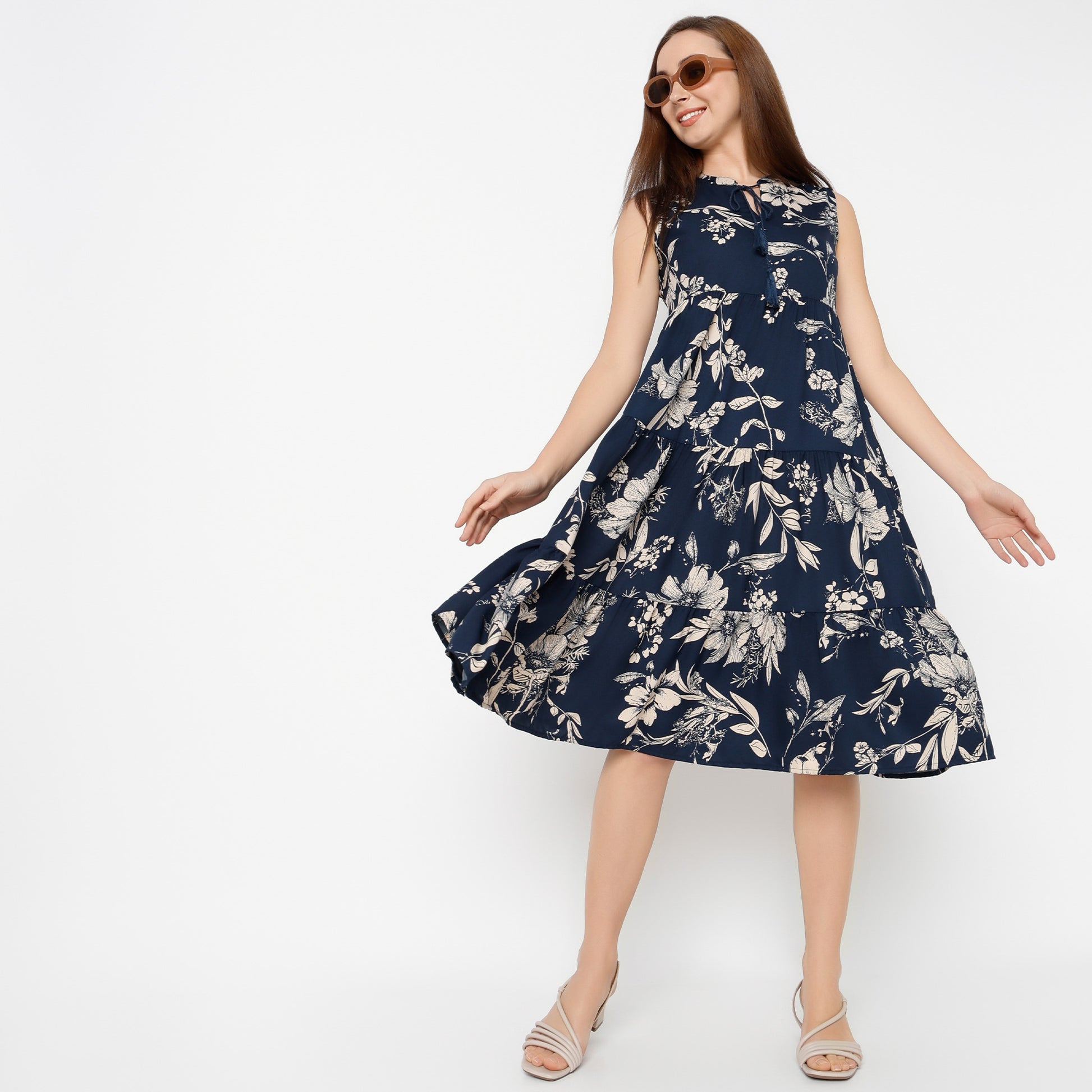 Flare Fit Floral Band Neck Dress