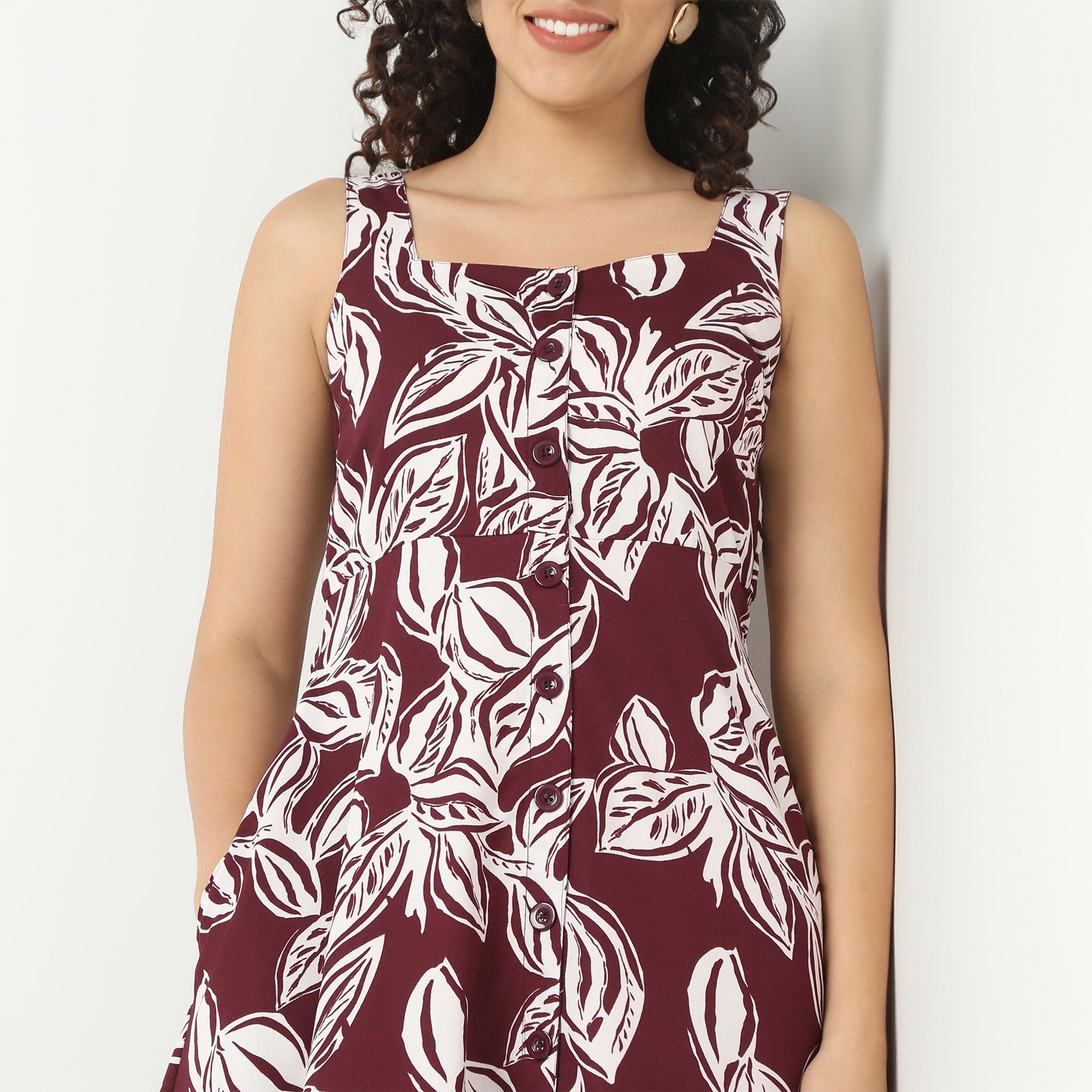 Sleeveless Front Button Up Dress With Square Neck