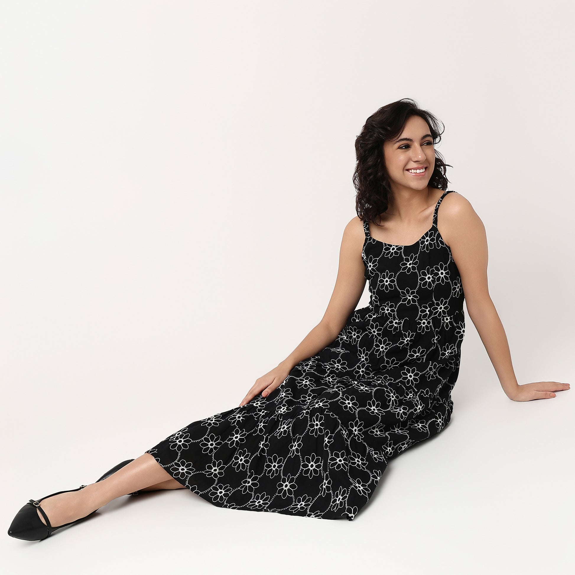 Woven Embroidered U-Neck Flared Strapy Dress