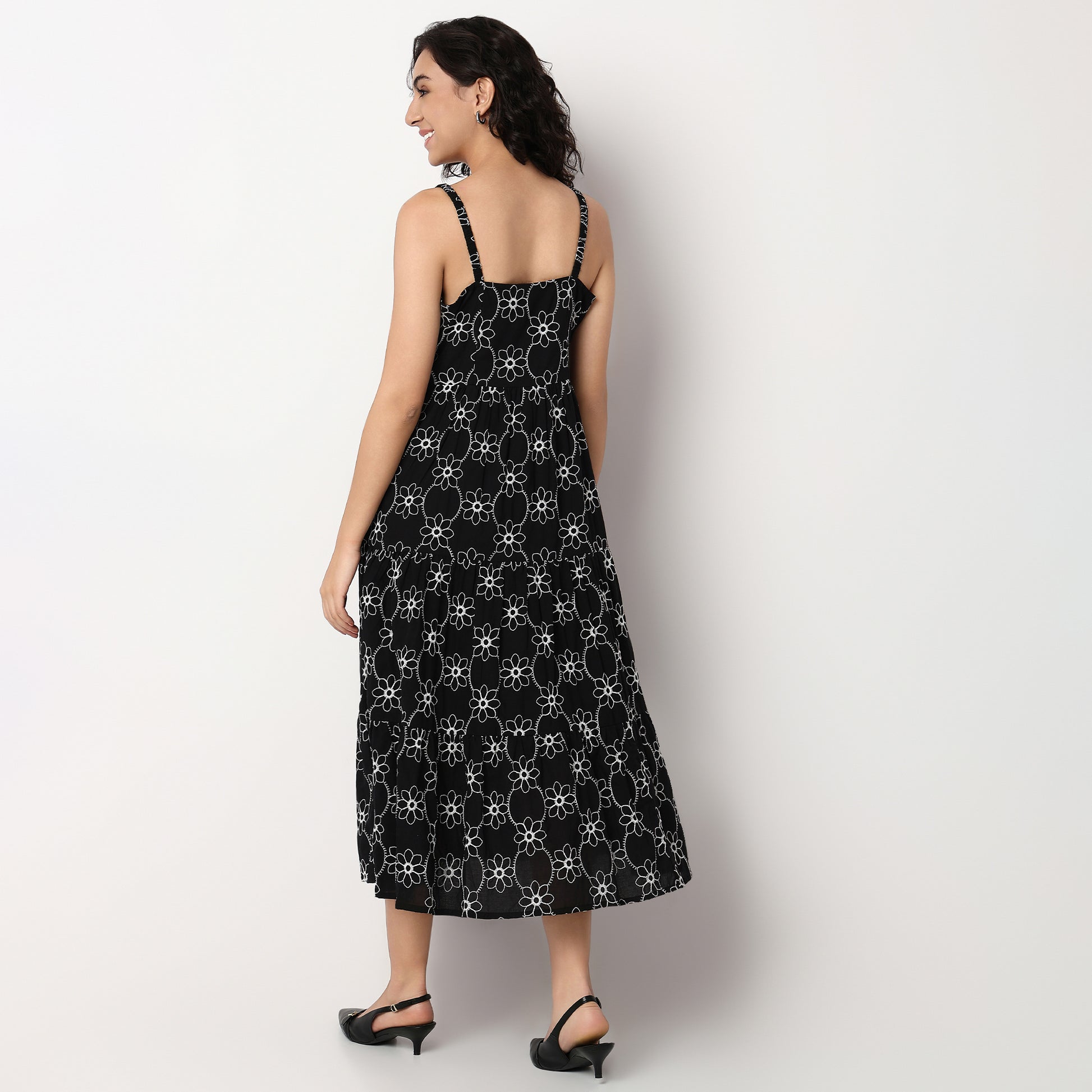 Woven Embroidered U-Neck Flared Strapy Dress