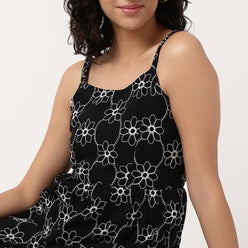 Woven Embroidered U-Neck Flared Strapy Dress