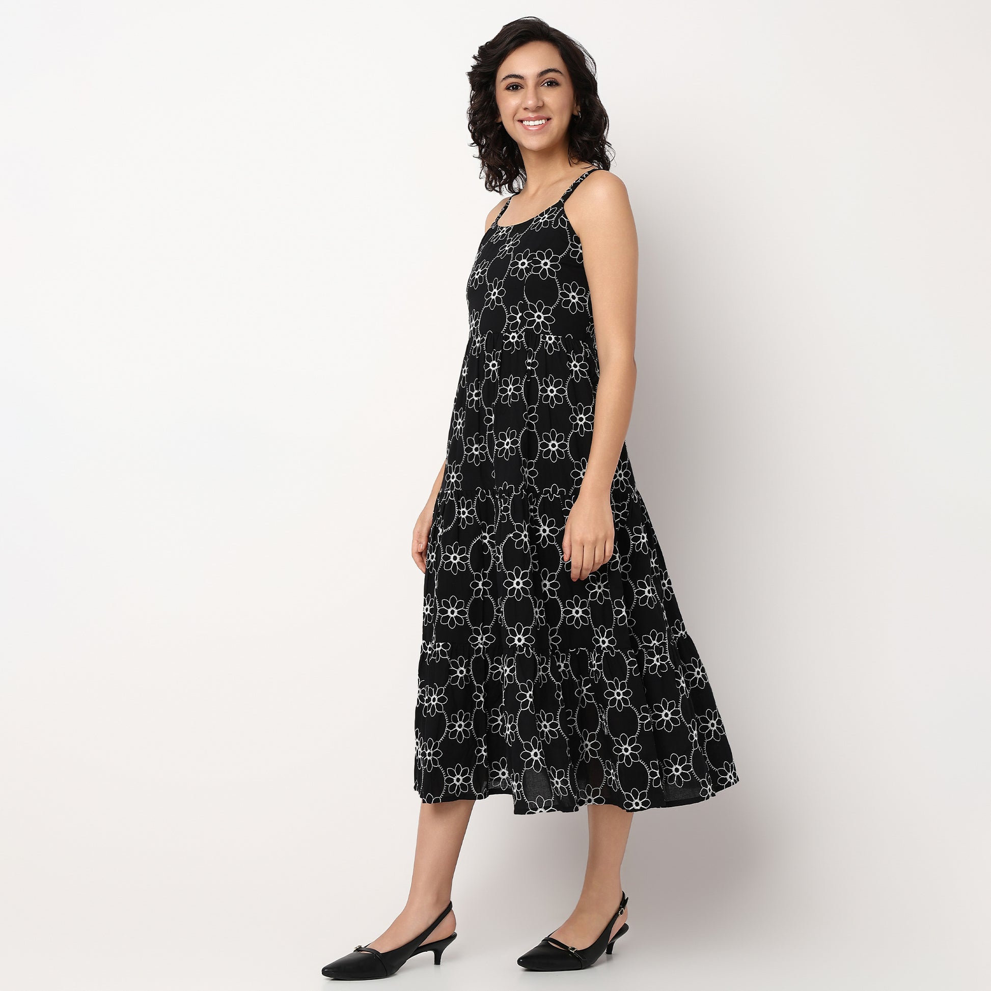 Woven Embroidered U-Neck Flared Strapy Dress