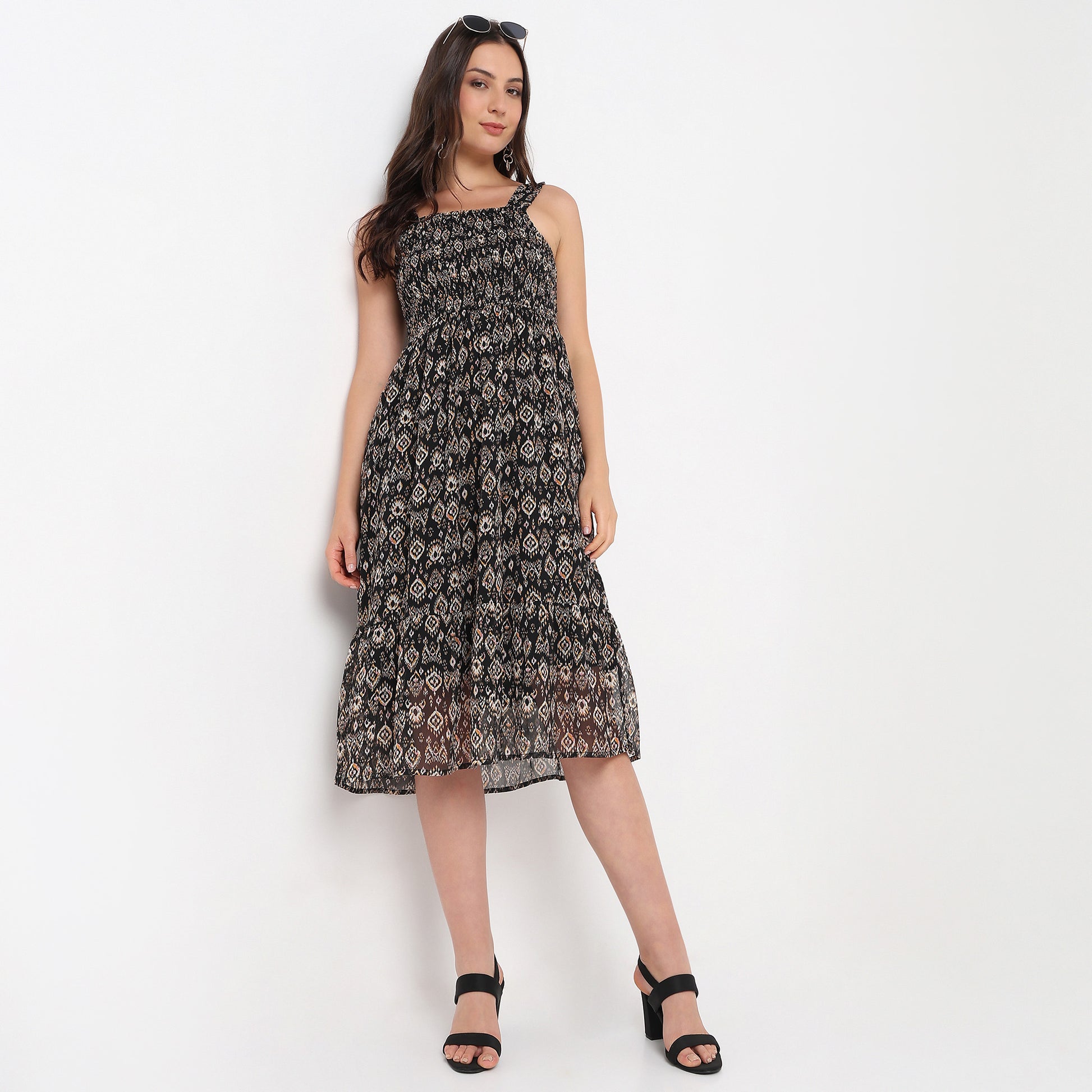 Printed Square Neck Strap Dress