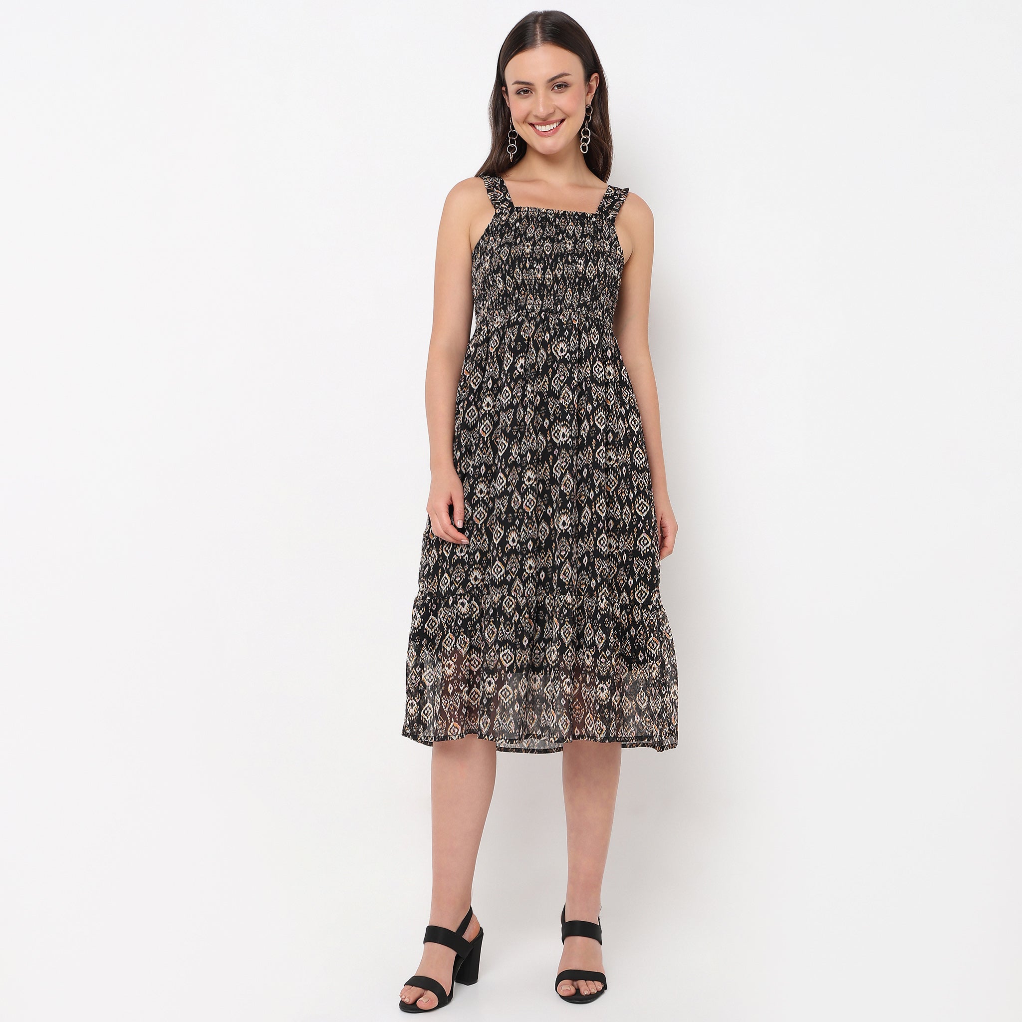 Printed Square Neck Strap Dress
