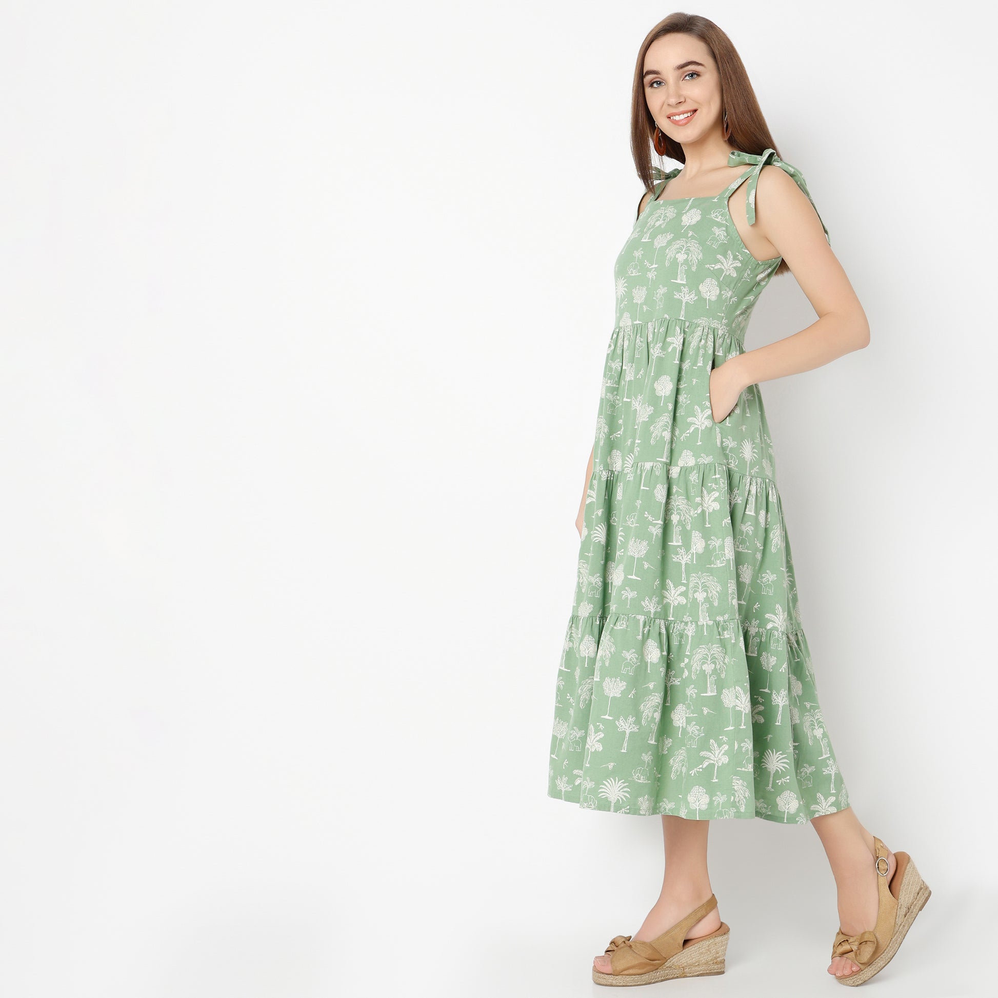 Flare Fit Printed Square Neck Dress