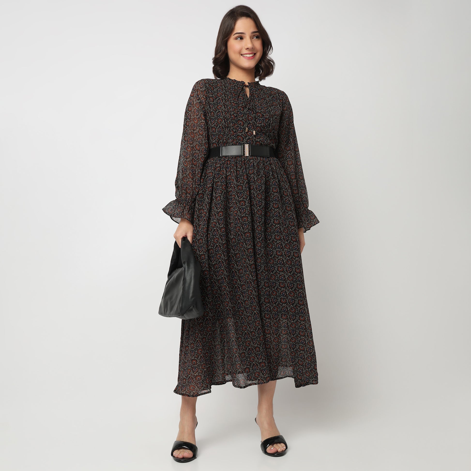 Printed Tie-Up Neck Dress