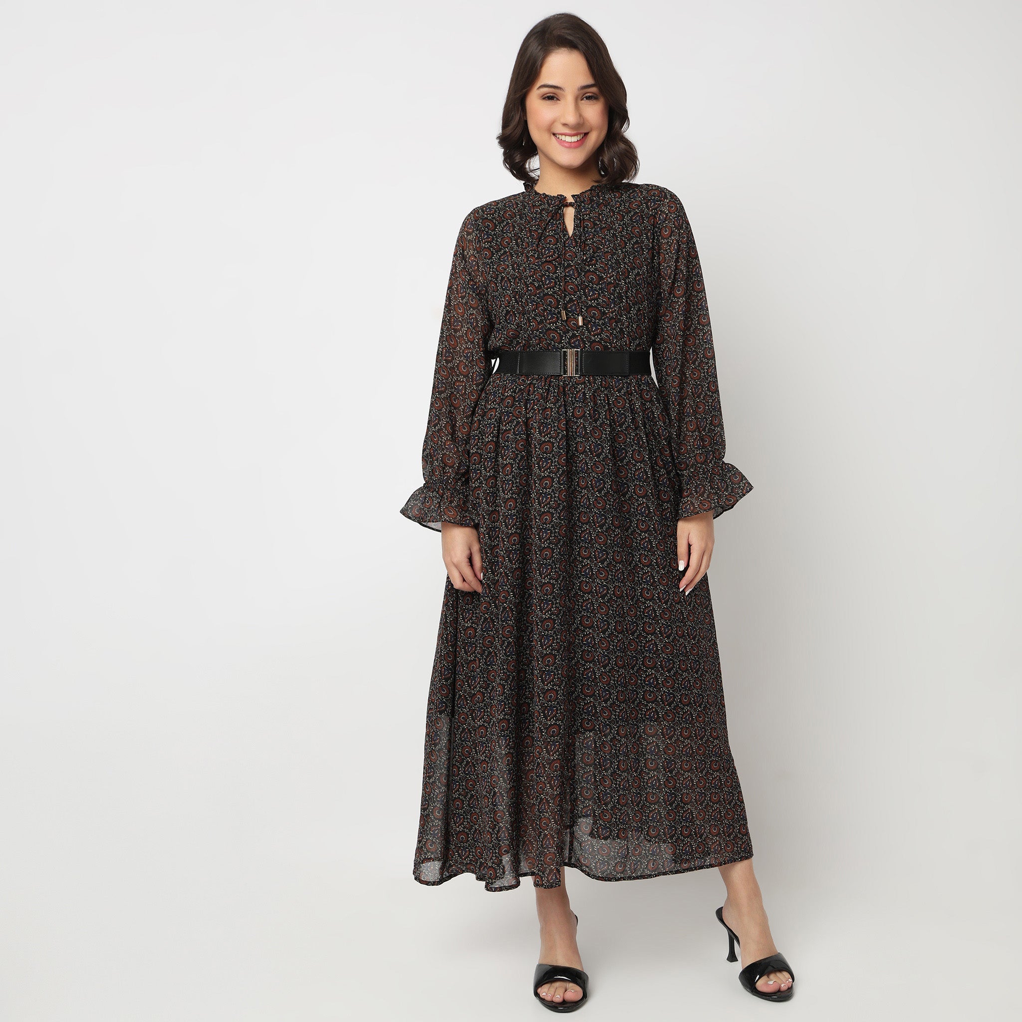 Printed Tie-Up Neck Dress