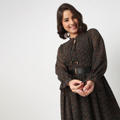 Printed Tie-Up Neck Dress