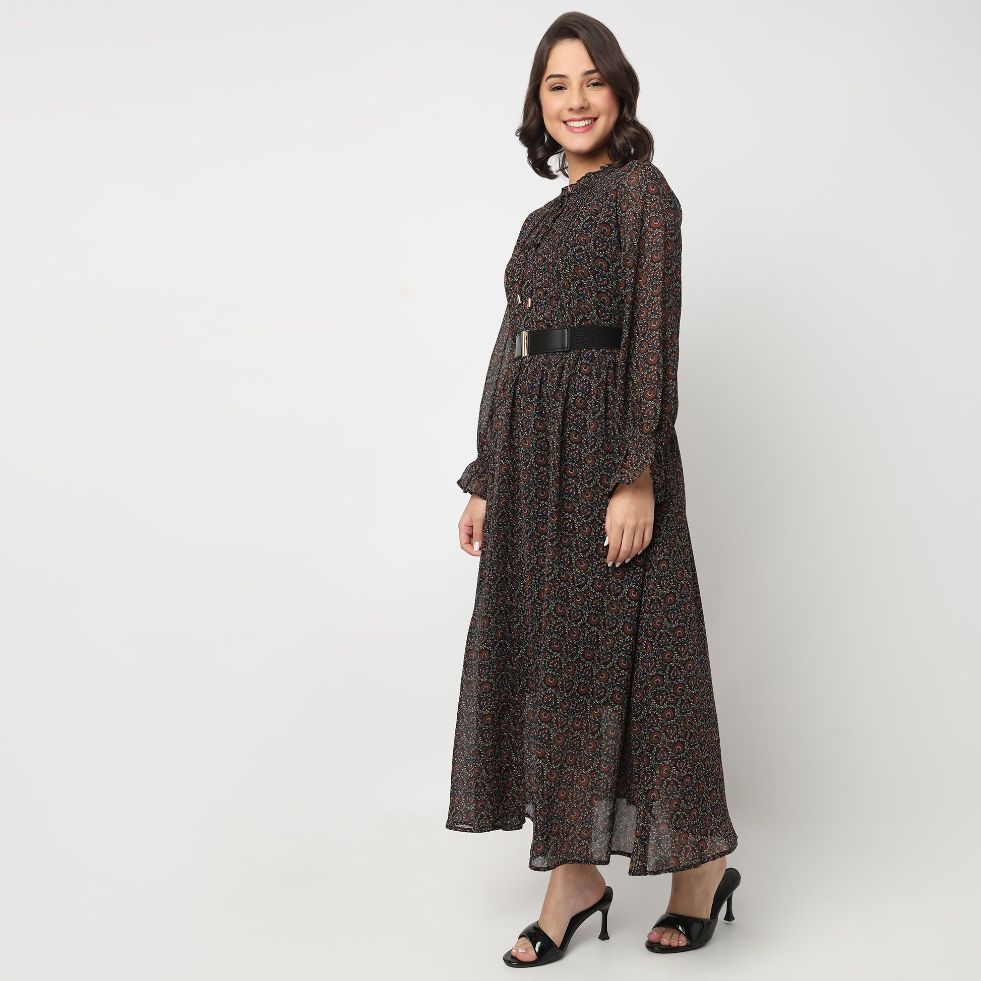 Printed Tie-Up Neck Dress