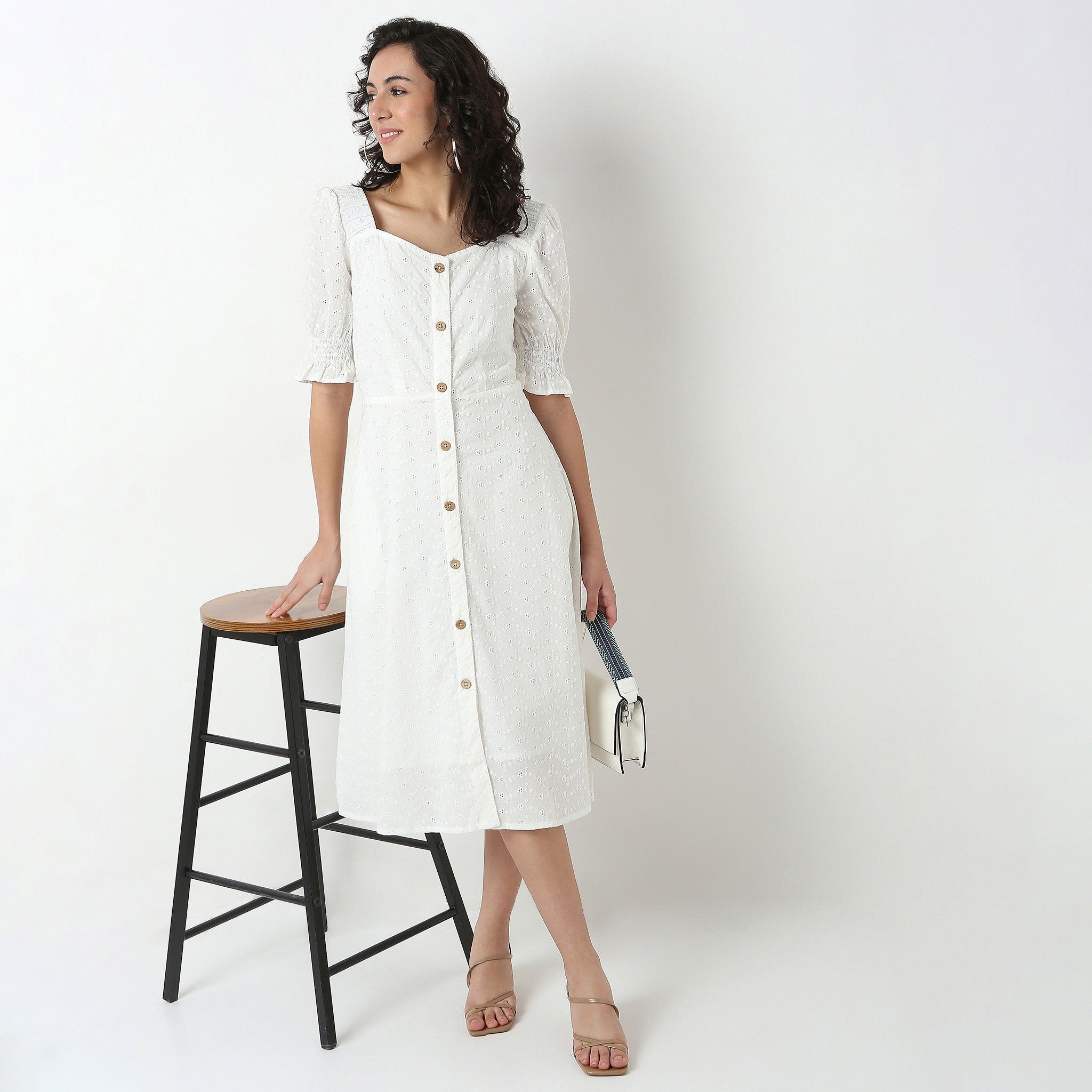 Cotton Schiffi Dress, Sweetheart Neck