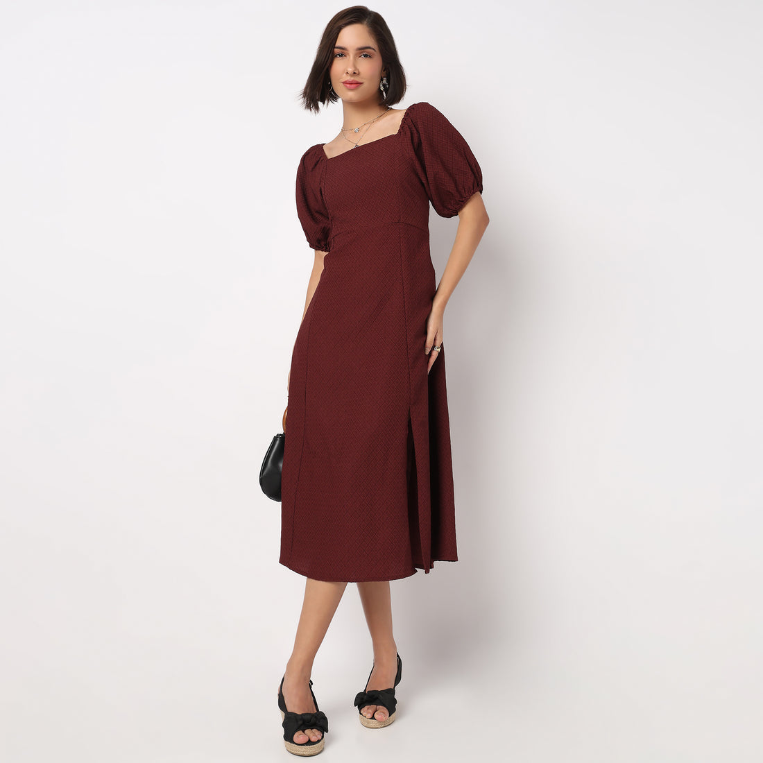 Structured Puff Sleeve Flared Dress