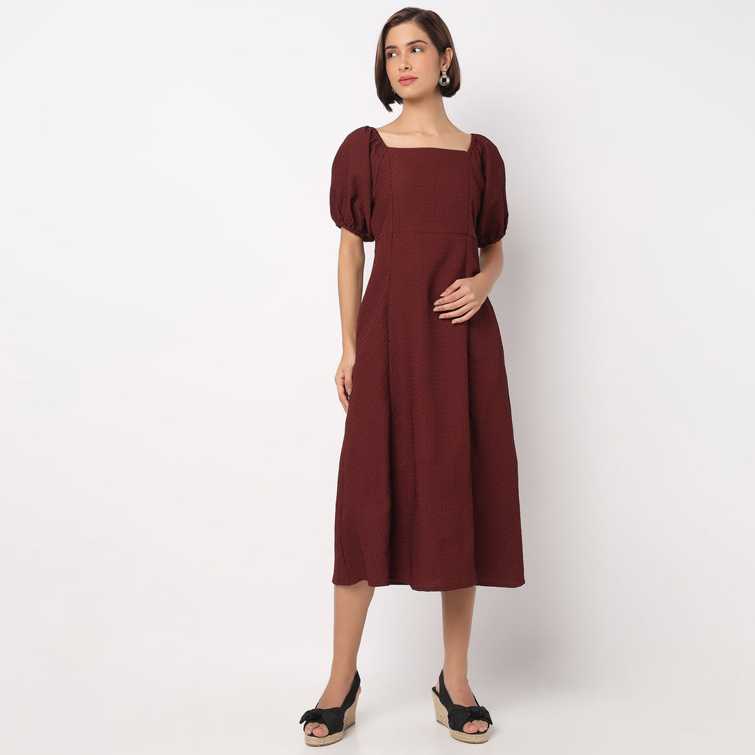 Structured Puff Sleeve Flared Dress