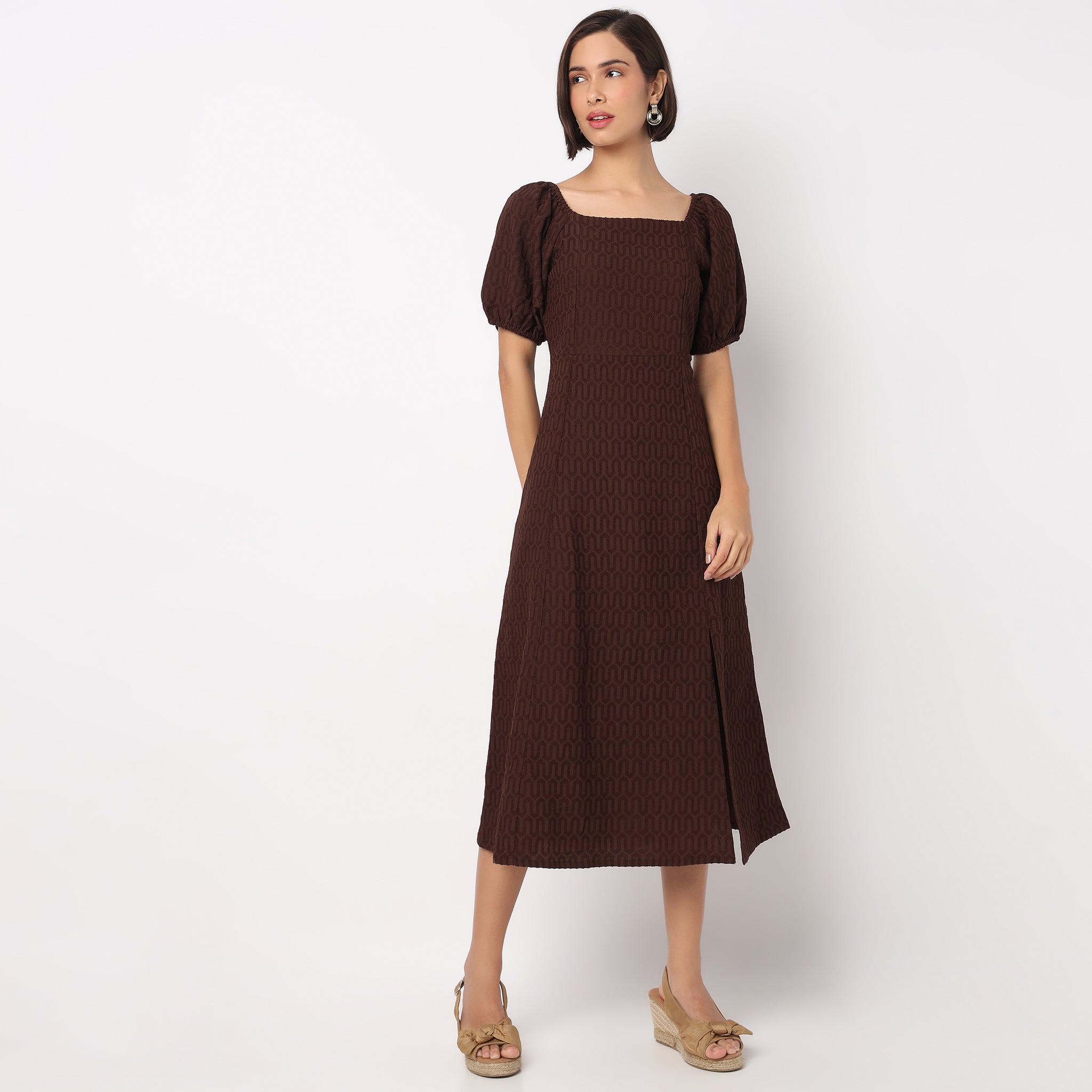 Structured Puff Sleeve Flared Dress