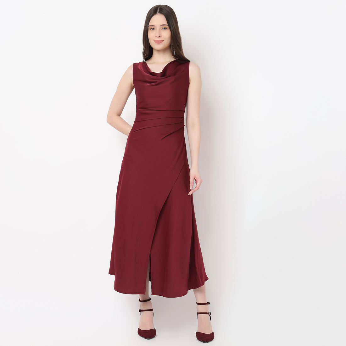 Slim Fit Cowl Neck Dress With Front Slit