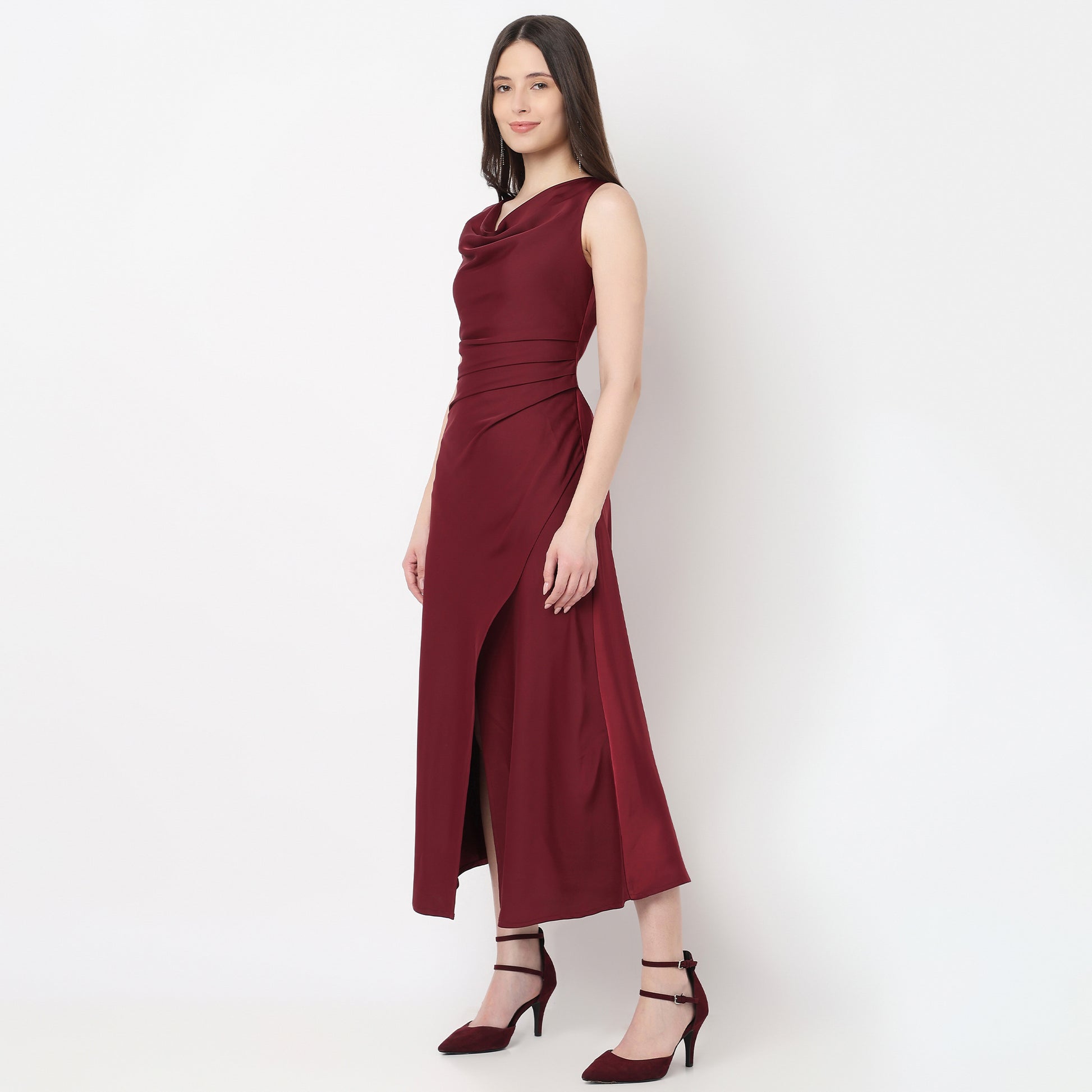 Slim Fit Cowl Neck Dress With Front Slit