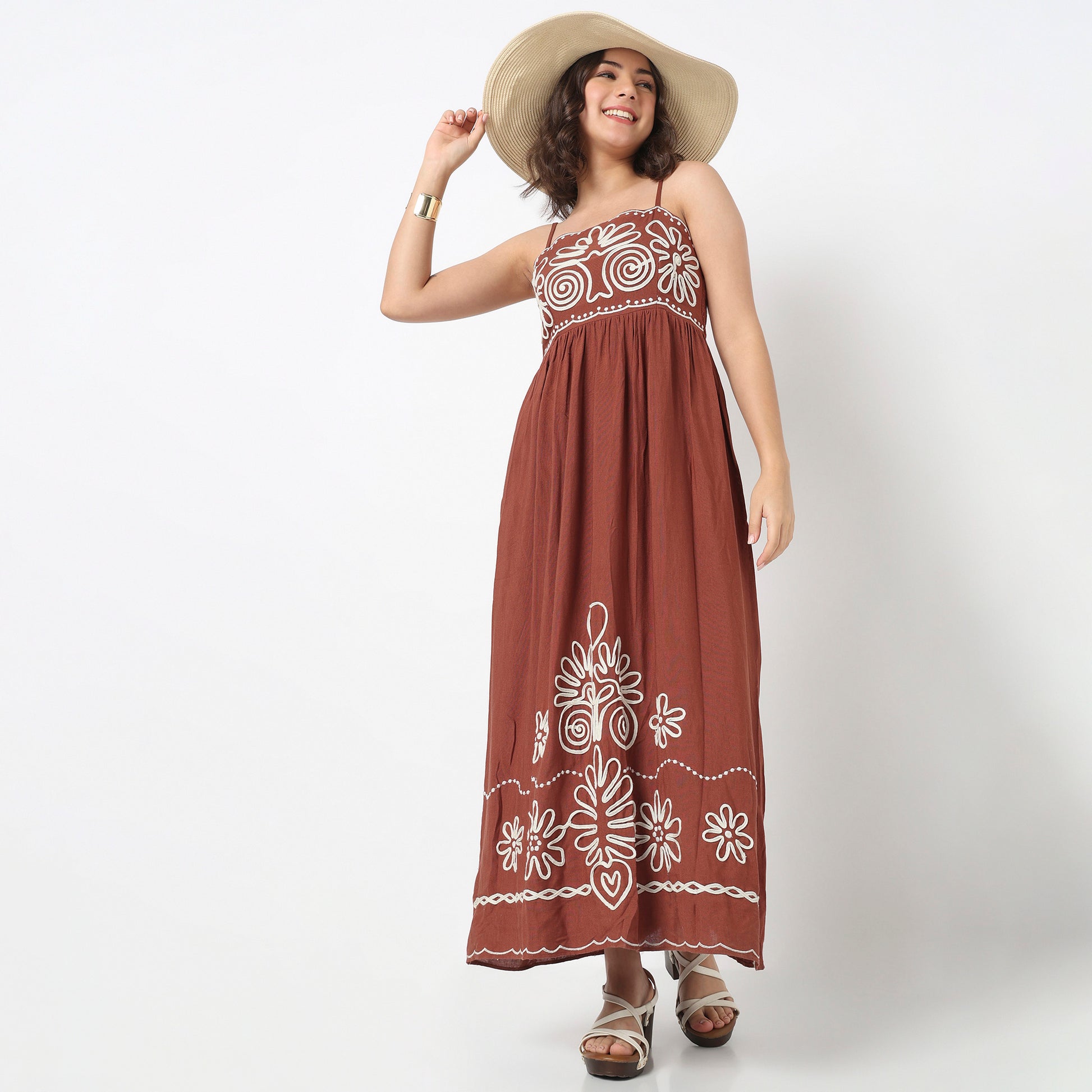 Embroidered Flared Strappy Dress