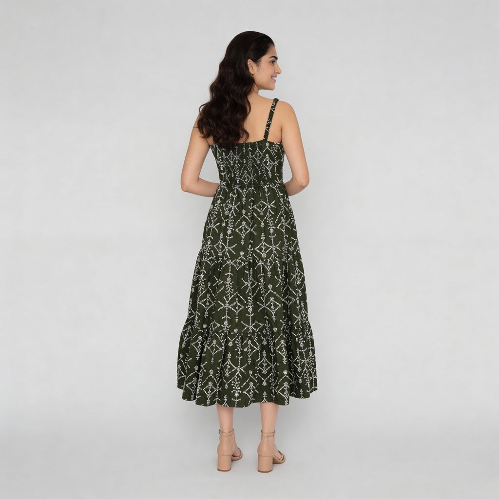 Embroidered Shoulder Straps Flared Dress
