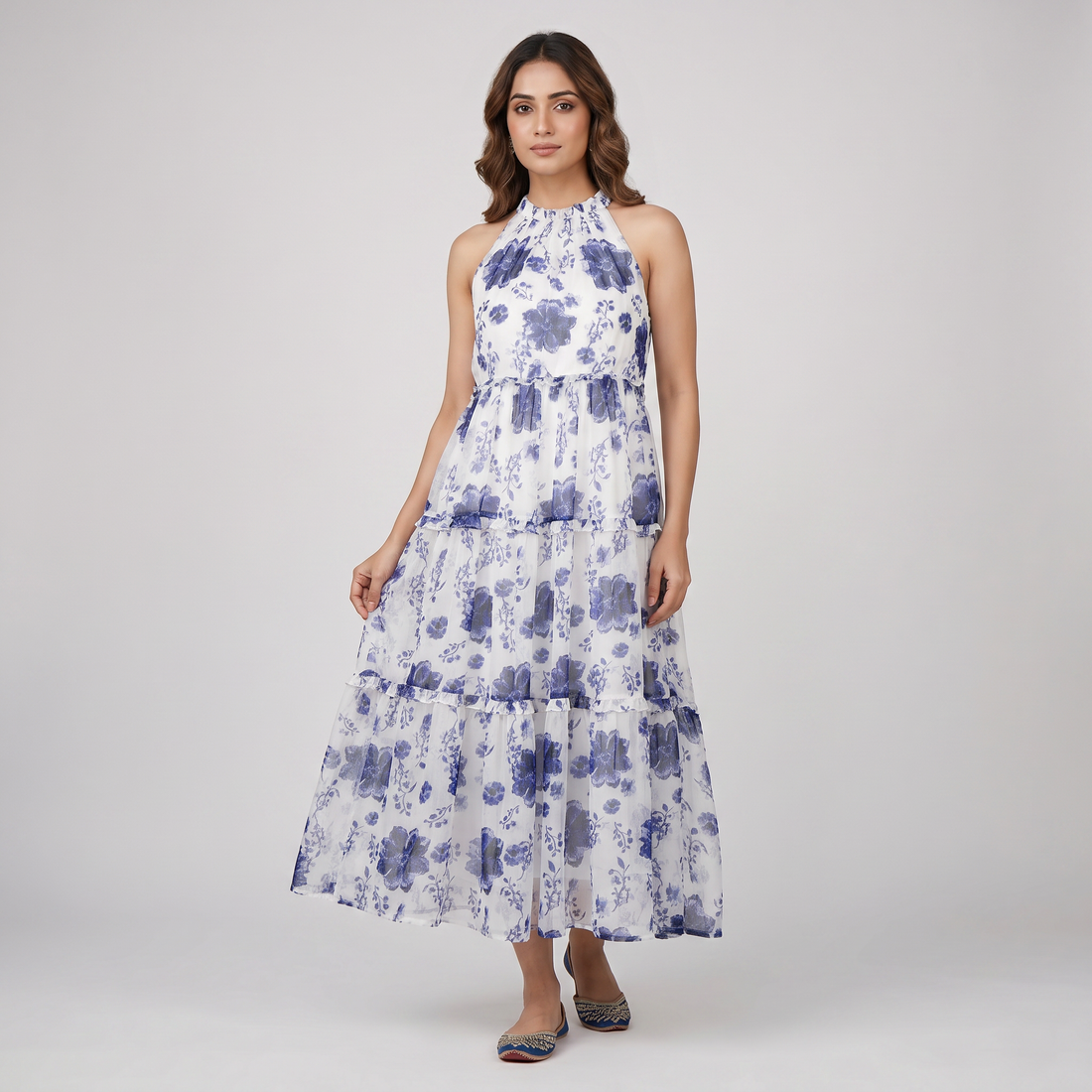 Printed Halter Neck Flared Dress