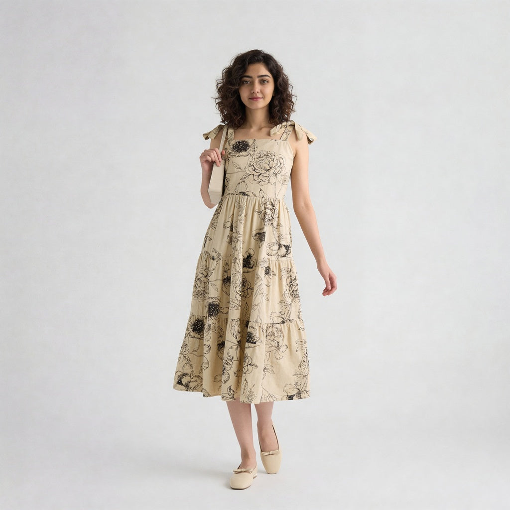 Floral Shoulder Strappy Flared Dress