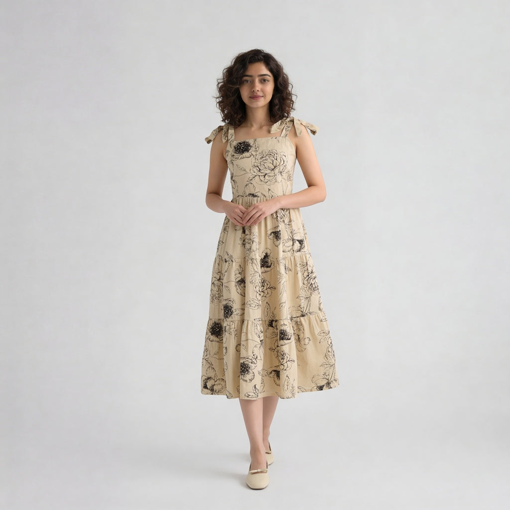 Floral Shoulder Strappy Flared Dress