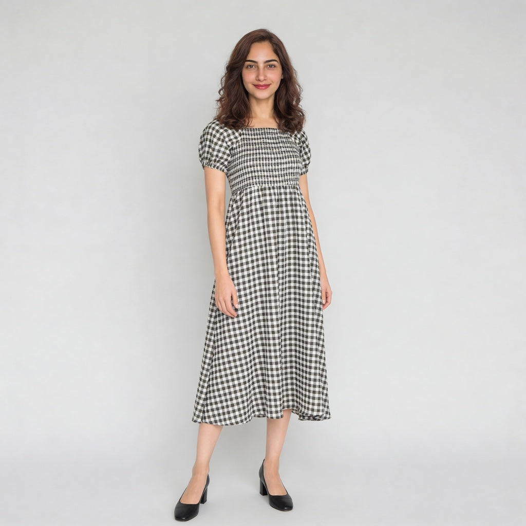 Checkered Puff Sleeve Flared Dress