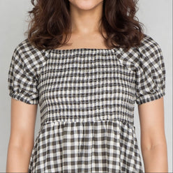 Checkered Puff Sleeve Flared Dress