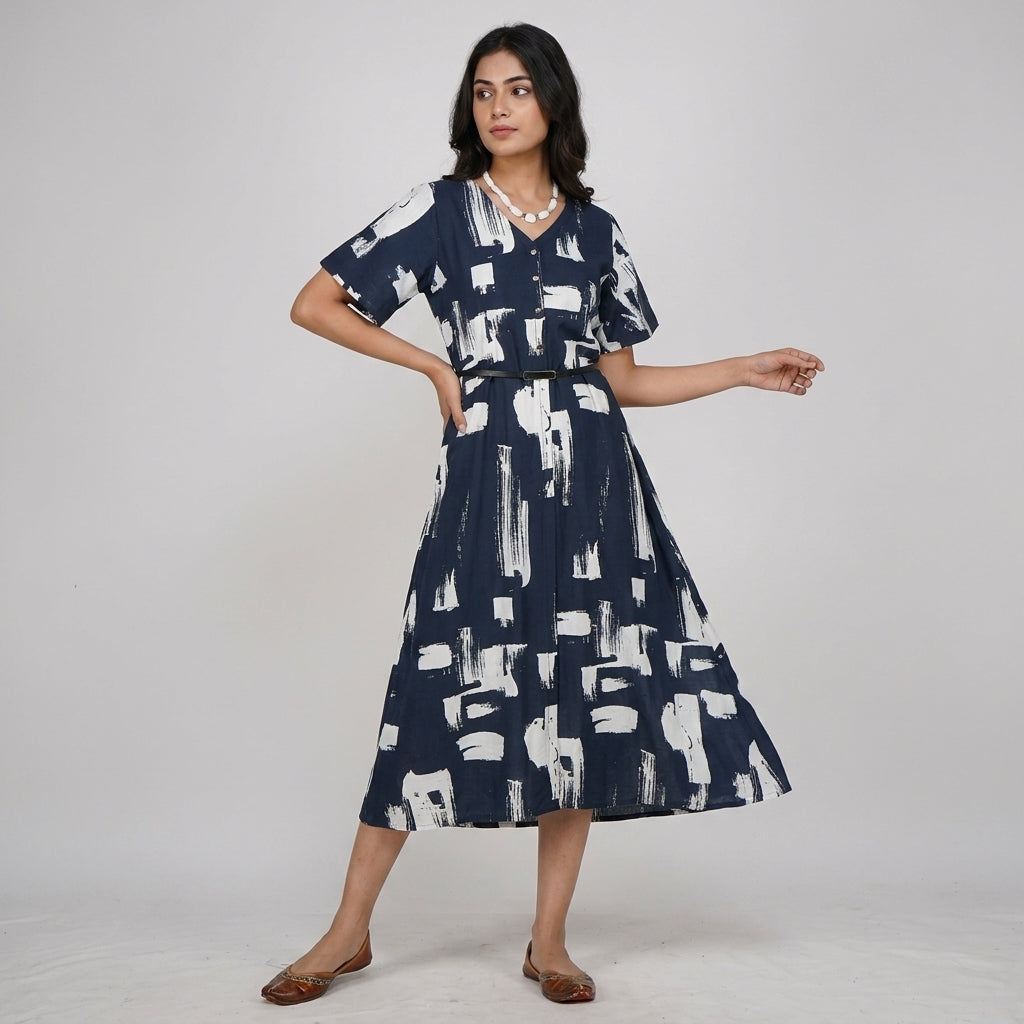 Printed V-Neck Flared Dress
